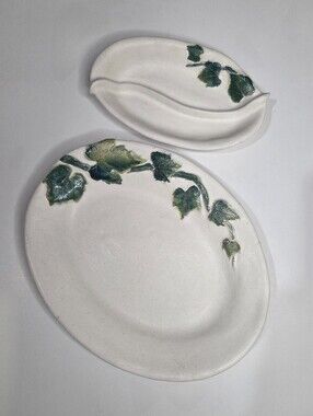 90s Signed Studio Pottery Ivy Serving Set - Small Platter & Divided Dish